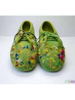 Женские валяные тапочки зеленые с бож коровками