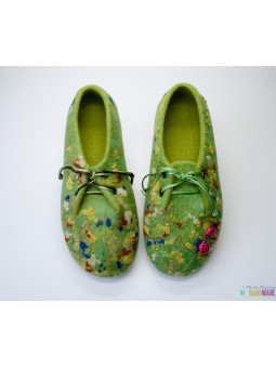 Женские валяные тапочки зеленые с бож коровками