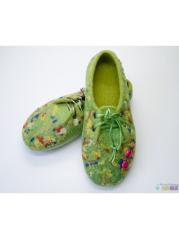 Женские валяные тапочки зеленые с бож коровками