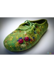 Женские валяные тапочки зеленые с бож коровками